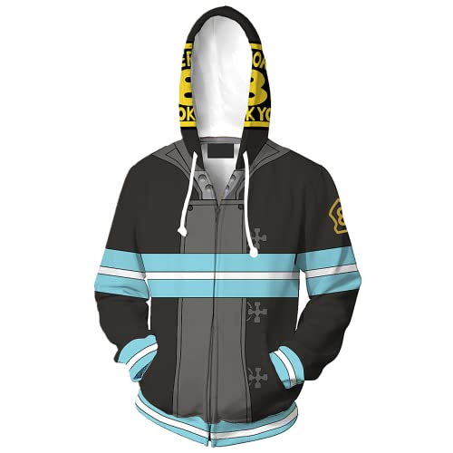 Anime Fire Force Cosplay Shinra Kusakabe Zipper Hoodie Pullover,Unisex 3D Digitaldruck Casual Sweatshirt, grau, M