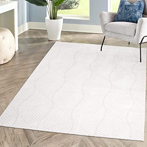 carpet city Teppich Kurzflor Wohnzimmer - Weiss - 120x160 cm - Friseé mit 3D-Effekt - Geo-Muster für Schlafzimmer Flur Esszimmer
