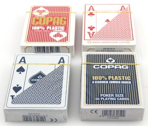 Ludomax Viererpaket Copag 100% Plastic Poker 4 Corner Jumbo Index Spielkarten rot/blau