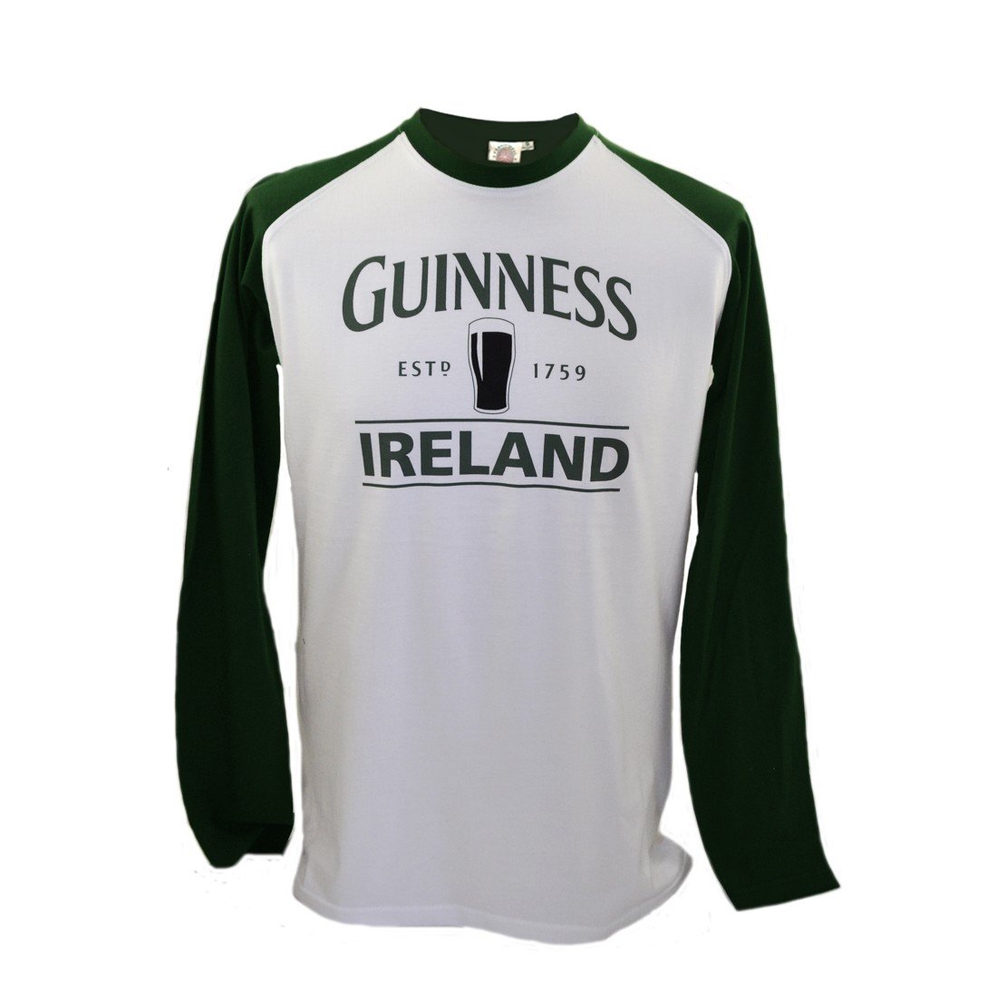 Guinness langärmeliges T-Shirt mit Bierkrug und „Guinness Ireland”, weiß mit grünen Ärmeln