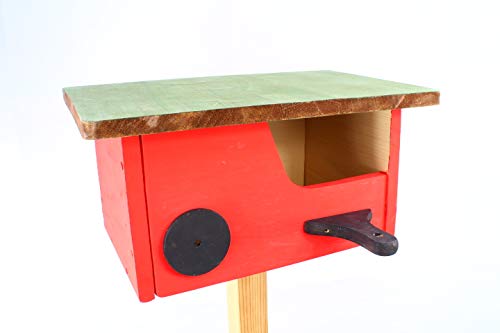 Vogelhäuschen, Vogel-Nistkasten + Unterschlupf Schlafplatz, rot lasiert MIT LANDEBAHN + Fixierleisten + Holzdach zum Öffnen in moos, ca. 35 x 23 x 20 cm, Einflug ca. 32 mm (30-33 mm) fü