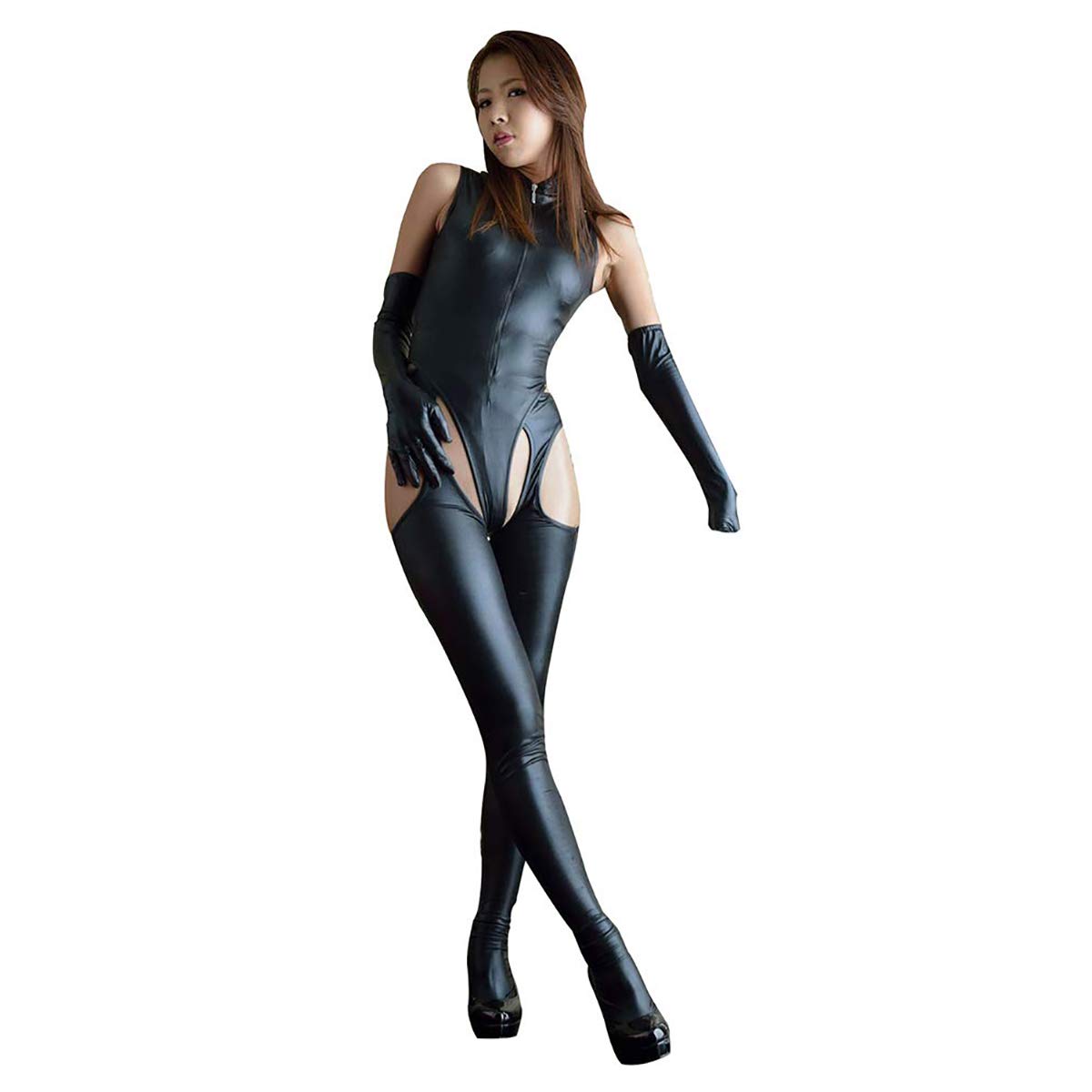 ALASON Damen Sexy Latex Lack Leder Kombination Catsuit Ouvert Jumpsuit Cosplay Catwoman Kostüm Bodys Wetlook Club Bodysuit Playsuit Einschließlich EIN Paar Handschuhe,Schwarz,XXXXL