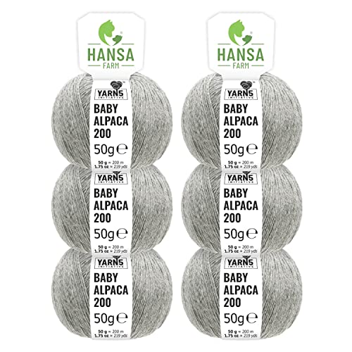 100% Baby Alpakawolle in 50+ Farben (kratzfrei) - 300g Set (6 x 50g) - weiche Alpaka Wolle zum Stricken & Häkeln in 6 Garnstärken by Hansa-Farm - Hellgrau (Grau)
