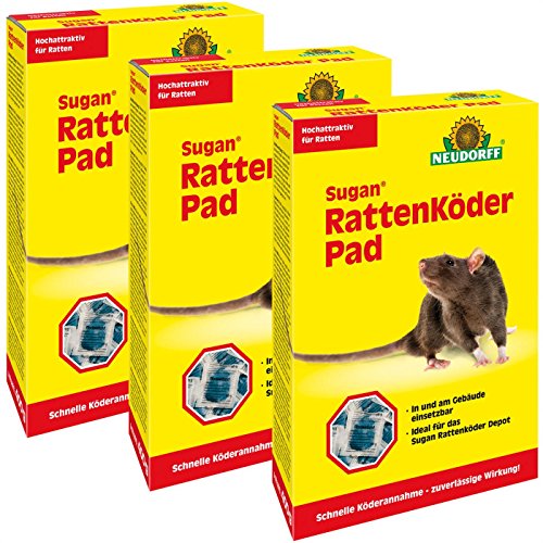 Gardopia Sparpaket: 3 x 400g Neudorff Sugan Rattenköder Pads, hochattraktiver Spezialköder gegen Ratten Plus Zeckenzange mit Lupe
