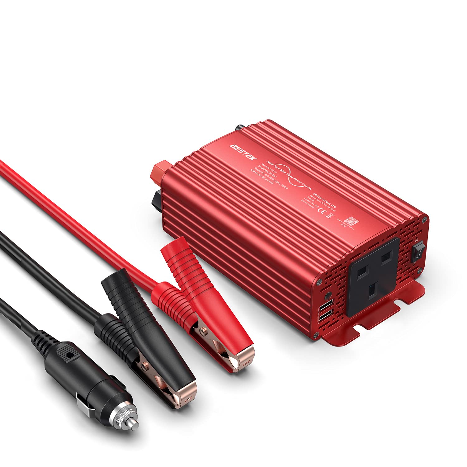 BESTEK 300 W Pure Sine Wave Power Inverter DC 12 V auf AC 230 V 240 V mit 4,2 A Dual Smart USB Ports Auto Adapter (300 W-Rot)