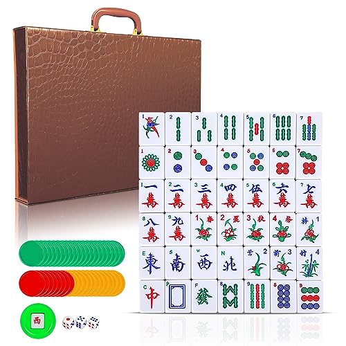 ORIENTOOLS Chinesisches Mahjong-Spielset, 3,8 cm große Fliese mit Tragetasche, 3,8 cm große 144 + 2 Fliesen, 3 Würfel und eine Windanzeige, für Spiele im chinesischen Stil