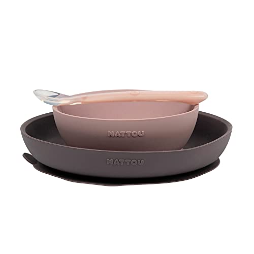 Nattou Silikon-Geschirr für Kinder, 3-tlg, 1 Löffel, 1 Teller, 1 Schale, Rutschfest, BPA-frei, Silicon, Rosa/Violett