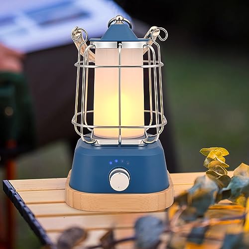 ZWOOS LED Campinglampe【400 lm, IP44, bis zu 80h Leuchtdauer 】stufenlos dimmbar, Farbtemperatur einstellbar, Drei Lichtfarben,wiederaufladbare USB Akku Outdoor Lampe mit Hanfseil und Bambussockel(Blue)
