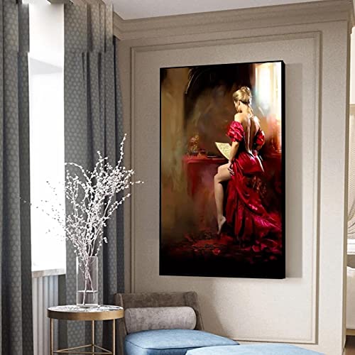 Moderne Sexy Frau Malerei Auf Leinwand Poster und Drucke Rotes Kleid Mädchen Lesen Wandkunst Bild Für Wohnzimmer Wohnkultur 70x100cm Rahmenlos
