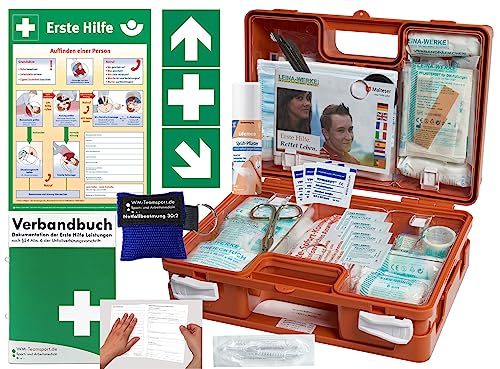 Verbandskoffer/Verbandskasten (K) Typ SN -Komplettpaket- Erste Hilfe nach DIN 13157 für Betriebe -DSGVO- INKL. PERFORIERTEM VERBANDBUCH + Sprühpflaster & Notfallbeatmung + AUSHANG + Aufkleber