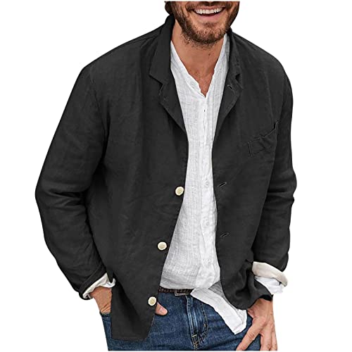 Men's Loose Cotton and Linen Suit Jacket, Men's Casual Blazer Jackets, Lightweight Sports Coats Relaxed Fit Single Breasted Summer Lapel Suit Outwear. (2XL, Black)