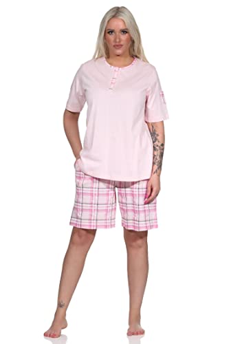 NORMANN-Wäschefabrik Edler Damen Kurzarm Schlafanzug Shorty mit Karierter Hose aus Jersey - auch in Übergrössen, Farbe:rosa, Größe:44-46