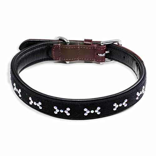 Monkimau Halsband Hund echt Leder Hunde Halsbänder braun schwarz mit Knochen Swarovski Kristallen Lederhalsband verstellbar Dog Collar Hundehalsband (L-M: 25mm x 60cm)