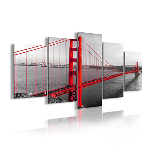 DekoArte 181 - Modernes Bild, digitalisierter Kunstdruck | Dekoratives Bild für den Salon oder das Schlafzimer | Stil Städte USA Golden Gate Bridge San Francisco | 5 Teile 200 x 100 cm XXL