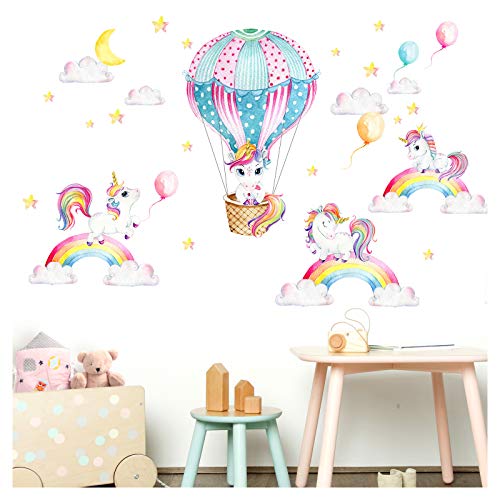 Little Deco Wandtattoo Einhörner Regenbogen & Heißluftballon I Wandbild 143 x 84 cm (BxH) I Sticker Mond und Sterne Kinderzimmer Aufkleber Mädchenzimmer Baby DL532