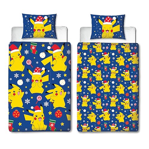 Character World Pokemon Offizielles Bettwäsche-Set für Einzelbett, weihnachtliches Pikachu-Design, wendbar, 2-seitiger Bettbezug, offizielles Merchandise-Produkt, inklusive passendem Kissenbezug,