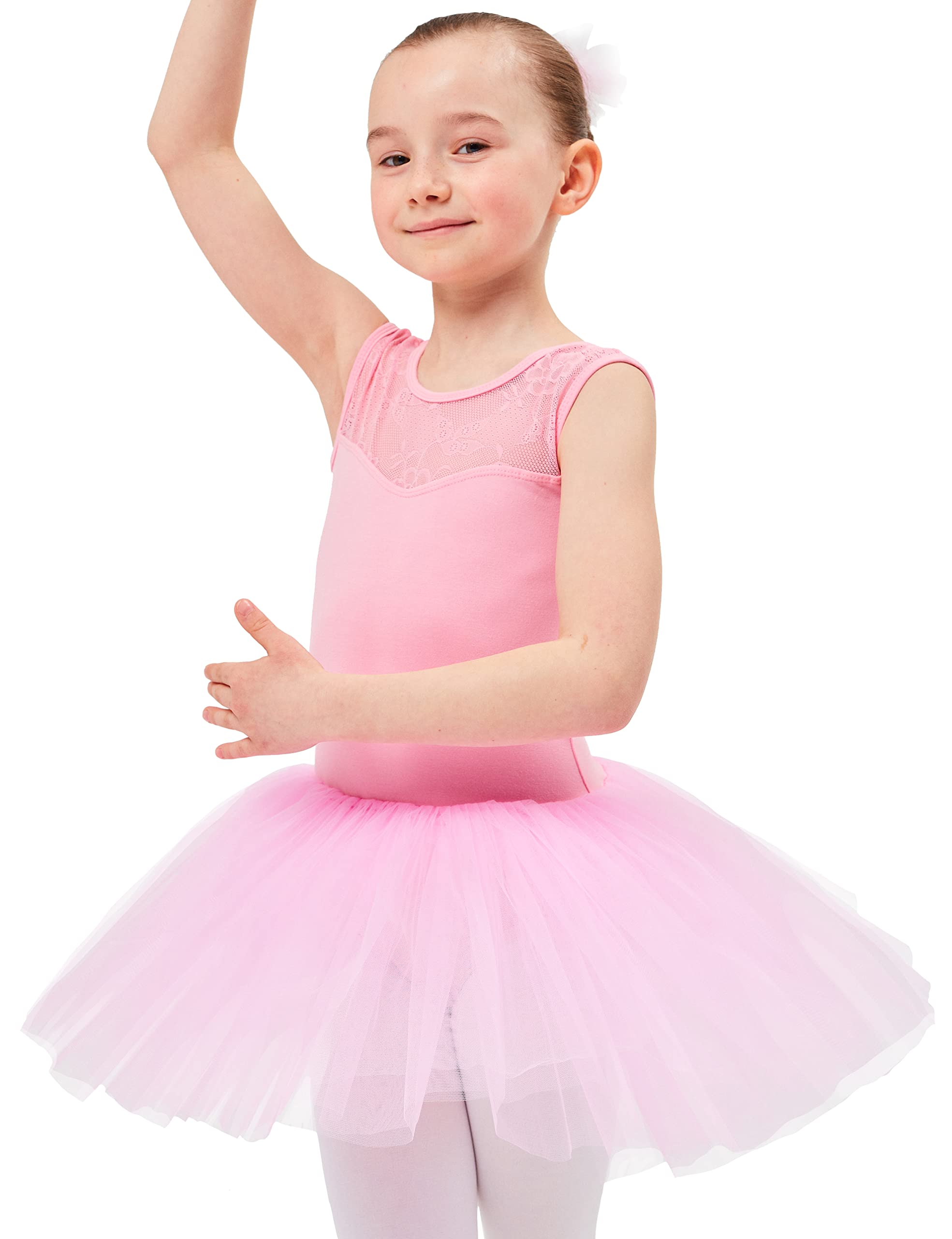 tanzmuster ® Ballettkleid Mädchen Tutu - Lottie - aus weichem Baumwollmaterial mit Spitzeneinsatz vorn und Tuturock Trikot fürs Kinder Ballett in rosa, Größe:164/170