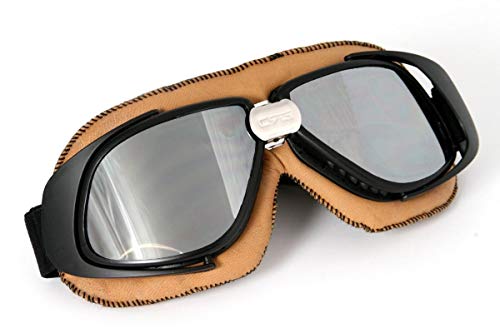 HeuSa Tech Motorradbrille braun verspiegelte Gläser schwarzer Rahmen ECHT LEDER