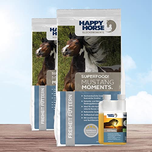 HAPPY HORSE Mustang Moments Pferdefutter 2 x 14kg - Melasse- und Getreidefreies Pferde-Müsli + Happy Horse Sensitive Futteröl