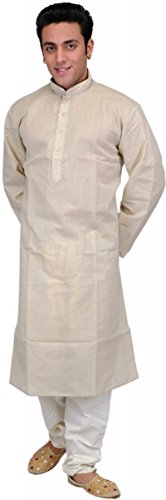 Maharanis Kurta Pajama mit beigem Hemd und cremefarbener Hose Bestickung an Kragen und Knopfleiste M
