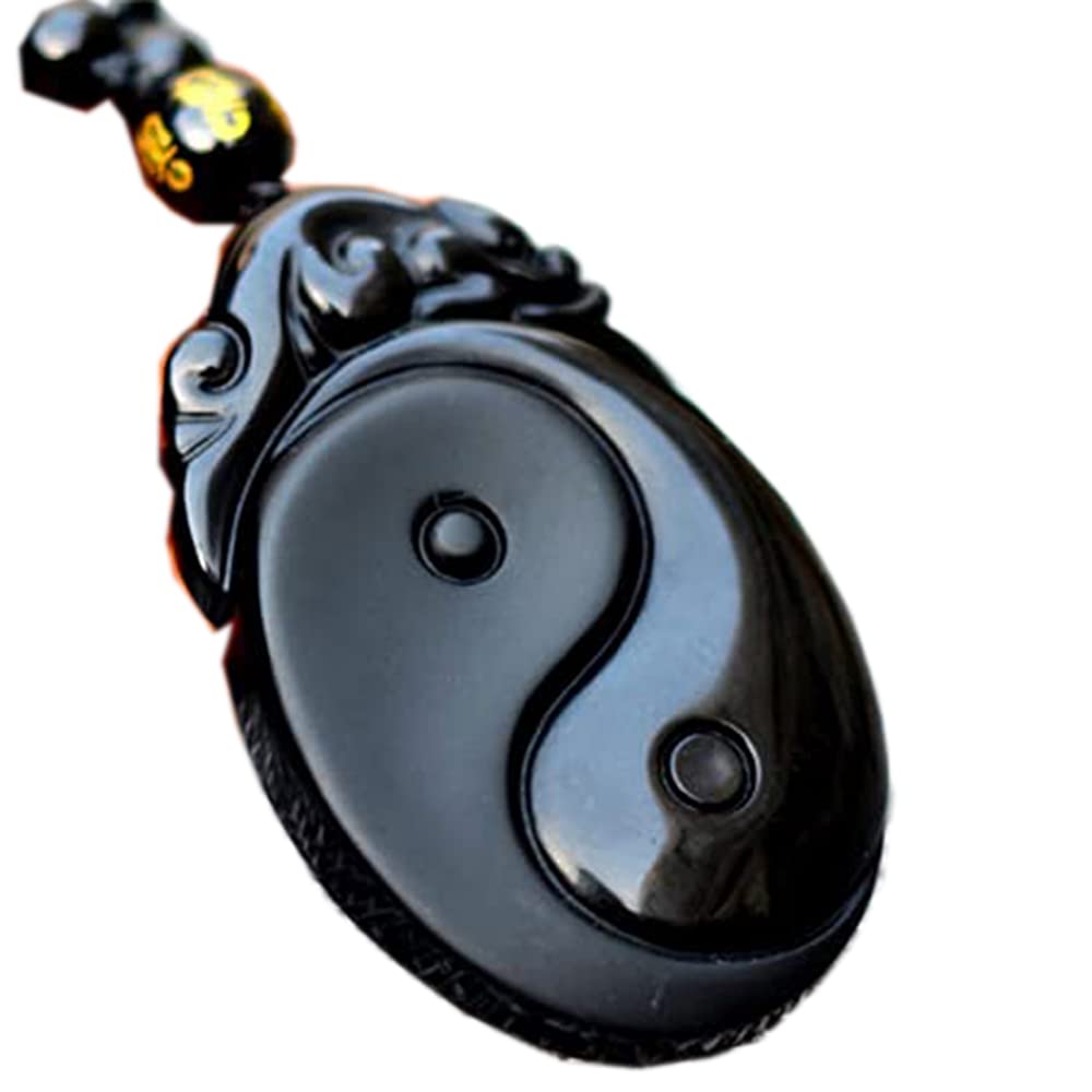 LOOPIG Natürlicher schwarzer Obsidian geschnitzter Yin und Yang Bagua Halskette Anhänger Fische Anhänger