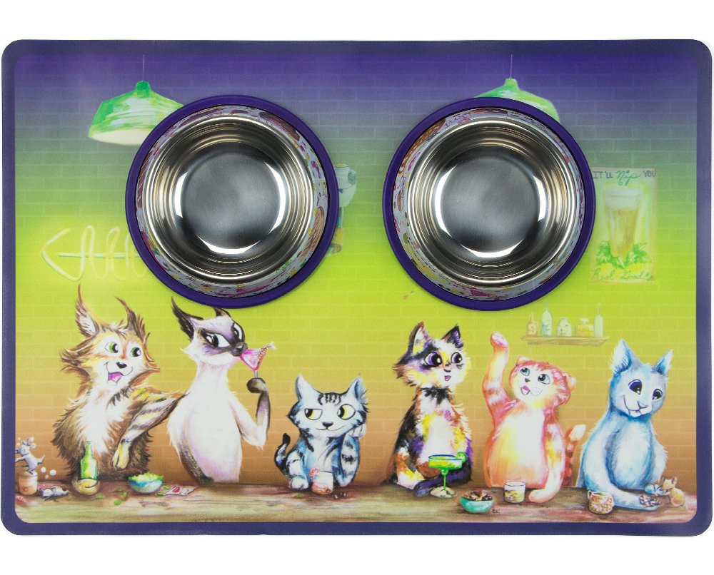 Weebo Pets 3-in-1 Katzenfutter- und Wassernäpfe mit Matten-Set – Cat Tales: The Regulars Premium 113 ml Edelstahlschalen mit Lebensmittel-Silikon-Futter-/Katzenklo Matte