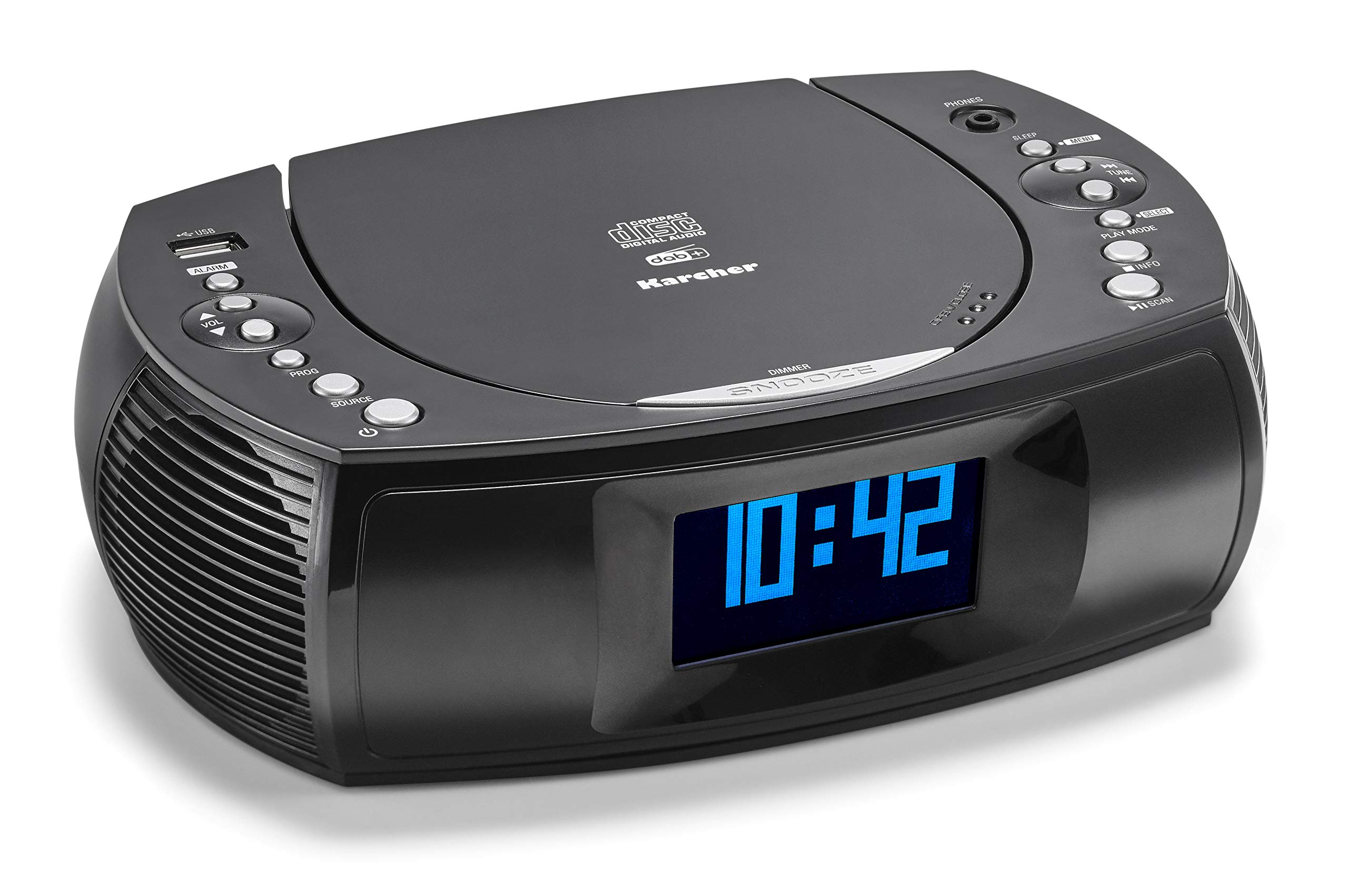 Karcher UR 1309D - Digitaler Radiowecker mit MP3 / CD-Player und DAB plus Radio, Wecker mit zwei einstellbaren Weckzeiten, dimmbares Display, Uhrenradio, USB-Ladefunktion, schwarzes Radio mit Wecker