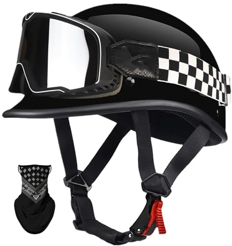 Halbschalenhelm Motorradhelm ECE-Zulassung Vintage Jet Helm Mit Fahrradbrille Fahrradvisier Cruiser Chopper Scooter Helm Erwachsene Retro Motorrad Halbhelm Männer Frauen Mofa Helm 5,XXL=63-64CM