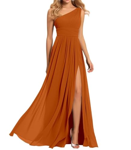 Damen One Shoulder Brautjungfernkleider für Hochzeit Chiffon Plissee Ballkleid mit Schlitz Hochzeit Party Kleider, burnt orange, 36