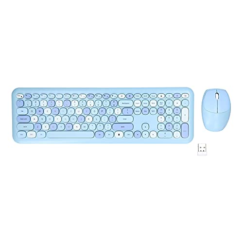 Heayzoki Kabelloses Tastatur- und Maus-Set,Tastatur-Maus-Kombi-Gaming-Maus und -Tastatur 2,4 G Retro Multi Color Mute Cover Kabelloses Tastatur- und Maus-Set für Home Office(Blau gemischt)