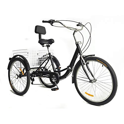 OUKANING Erwachsene Dreirad 24 Zoll 7 Gang faltbar Dreirad 3 Rad Fahrrad Tricycle mit Rückenlehne und Shopping Korb(Schwarz)