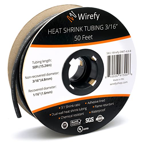 Wirefy Schrumpfschlauch Rolle - 4,8mm - 15,25m - 3:1 Schrumpf-Rate - Schrumpfschlauch schwarz wasserdicht - Kabel Reparaturset als Löt-Zubehör - Heat Shrink Tubing