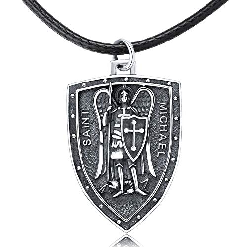 Saint Michael Halskette für Herren, 925 Sterling Silber Amulett Schild Schutz Anhänger, Schmuck Geschenke für Freund Vater Bruder, Lederseil 22“