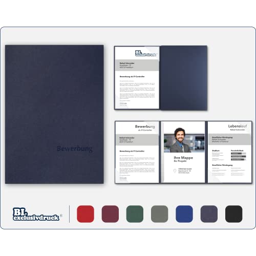 5 Stück 3-teilige Bewerbungsmappen BL-exclusivdruck® EASY in Marineblau - Premium-Qualität mit edler Relief-Prägung 'Bewerbung' - Produkt-Design von 'Mario Lemani'