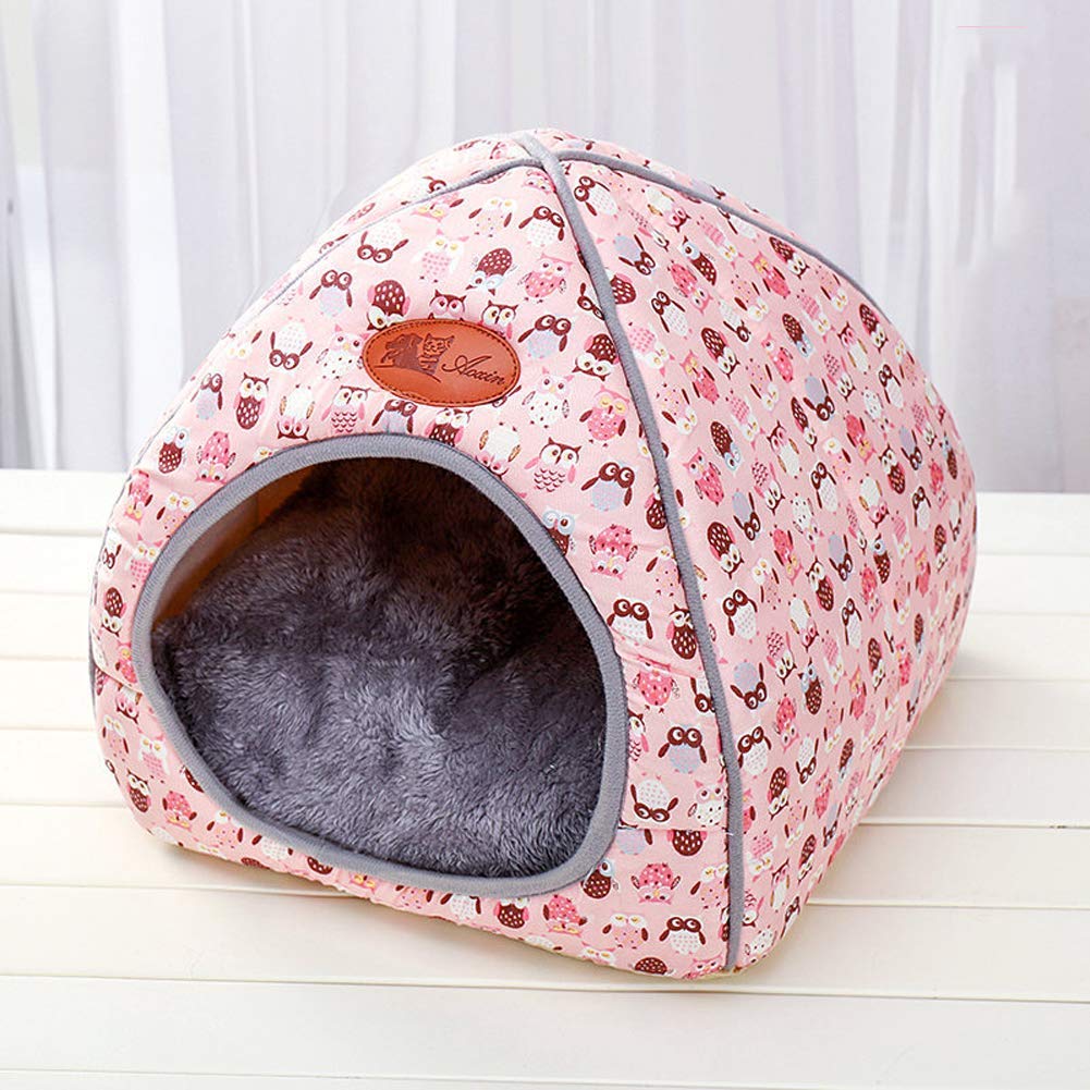 ANQI Haustierzelt Höhlenbett für Katzen / kleine Hunde - 44x44x50cm - Selbstwärmendes 2-in-1 Faltbares Dreieck-Haustier-Katzenbett Zelt Haus mit herausnehmbarem waschbarem Kissen