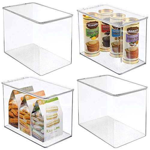 mDesign 4er-Set Küchen Organizer – stapelbare Vorratsdosen für Küchenregal und Vorratskammer – hohe Kühlschrankbox aus BPA-freiem Kunststoff mit Klappdeckel – durchsichtig
