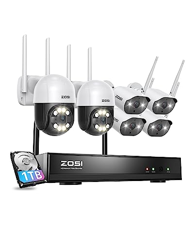 ZOSI 2K Außen WLAN Überwachungskamera Set, 4X 3MP Bullet und 2X PTZ Dome Kameras mit 8CH 5MP 1TB HDD NVR, Zwei-Wege-Audio, 24/7 Videoaufzeichnung, Personen- und Bewegungserkennung