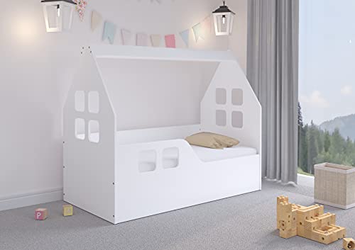 iGLOBAL Kinderbett in Haus-Form Kinderhaus Hausbett Jugendbett Juniorbett Matratze Lattenrost 144x74x120 cm (White - Rausfallschutz Links)