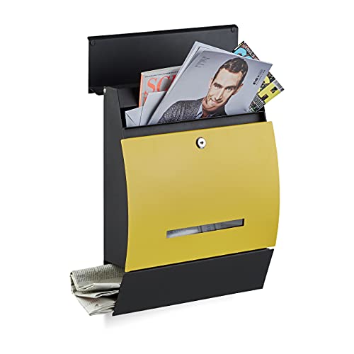Relaxdays Design Briefkasten mit Zeitungsfach, Pulverbeschichtet, HxBxT: 45 x 35 x 11 cm, Wandbriefkasten, schwarz-gelb