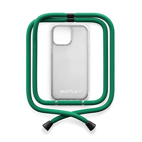 NECKLACY® - Die Premium Handykette für Apple iPhone 14 in Tropical Green | transparente Handyhülle mit hochwertiger Kordel zum Umhängen - Smartphone Crossbody Case
