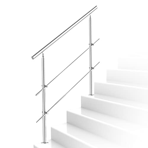 Jiubiaz Edelstahl Handlauf Universal Geländer 150cm, 2 Querstangen Verwendung für drinnen und draußen Treppengeländer