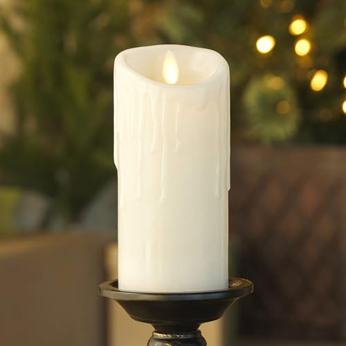 Luminara White Wax Drip Flammenlose Kerze, LED, batteriebetrieben, bewegliche Flamme, Säule (7,6 x 16,5 cm), geruchloses Echtwachs mit Tropfrand, Timer