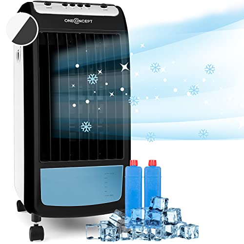 oneConcept Luftkühler mit Wasserkühlung, 3-in-1 Verdunstungskühler, Luftbefeuchter & Ventilator, Mobile Klimageräte Luftkühler mit 4L Tank, 70W Air Cooler, 2x Kühlpacks, 400m³/h