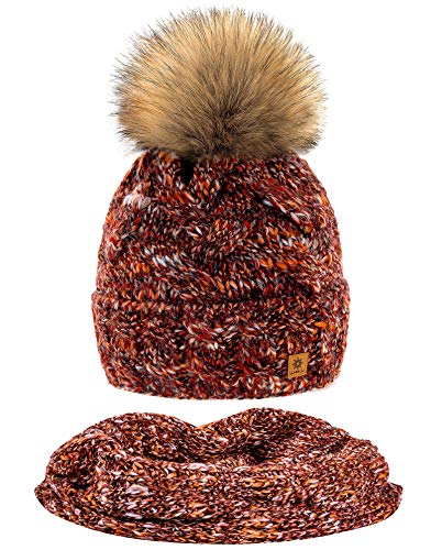 MFAZ Morefaz Ltd Set Mütze & Schal Winter Damen Alpaka Wolle Beanie Strickmütze Wurm Fleece Bommel Pom Pom (Chili Set Hat&Scarf)