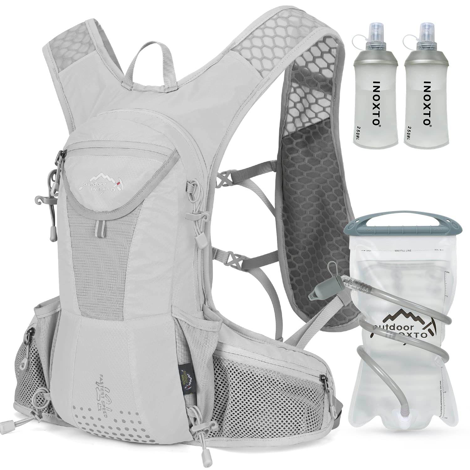 IX INOXTO Trinkrucksack, leichter Wasserrucksack mit gratis 2L Trinkblase Tagesrucksack für Herren und Damen, Laufen, Trinkweste für Trailrunning, Wandern, Radfahren, Rennen, Klettern (grau-weiß)