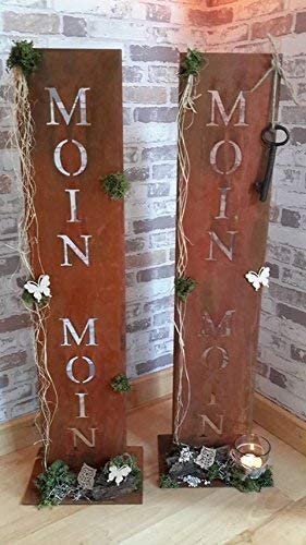 Rostikal | Edelrost Gartendeko Ständer mit Schriftzug Moin Moin | 71 cm hoch