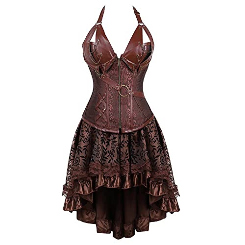 Korsett Steampunk Corsage Bustier Damen Leder Kleid Rock Corsagenkleid Neckholder Gothic Übergrößen Halloween kostüm Pirat Braun S