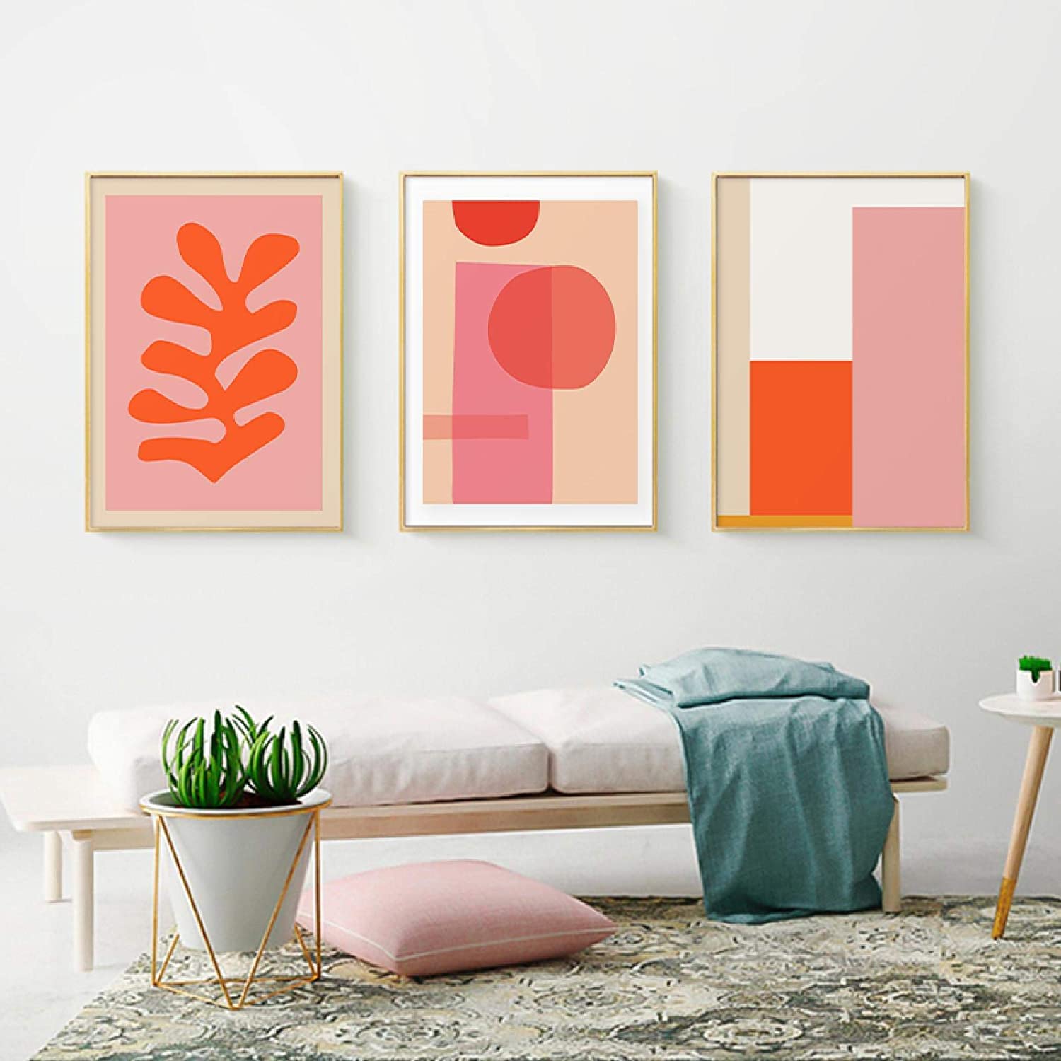 Leinwand Kunstwerk 3 Stück 60 x 80 cm rahmenloses modernes abstraktes rosa orange Blatt geometrisches Poster und Druck Wandkunstbild für Wohnzimmerdekoration HD-Druck