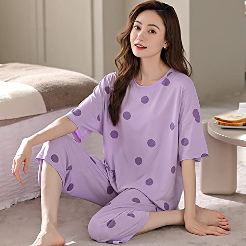 Schlafanzug Damen,Mode-Cartoon-Nachtwäsche M-5Xl Plus Größe Lounge Wear, Atmungsaktiver Pyjama Für Damen, Kreatives Tupfen-Lila-Print-Loungewear-Oberteil Und Siebenteilige Shorts Mit Weitem Bein,