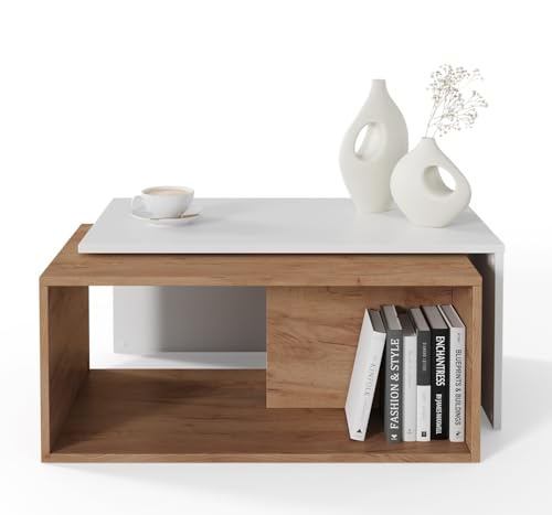 PLATAN ROOM Couchtisch Kaffeetisch 2er Set 90x48x40 cm, moderner Wohnzimmertisch, Sofatisch mit Stauraum, Satztisch (Weiß/Eiche)